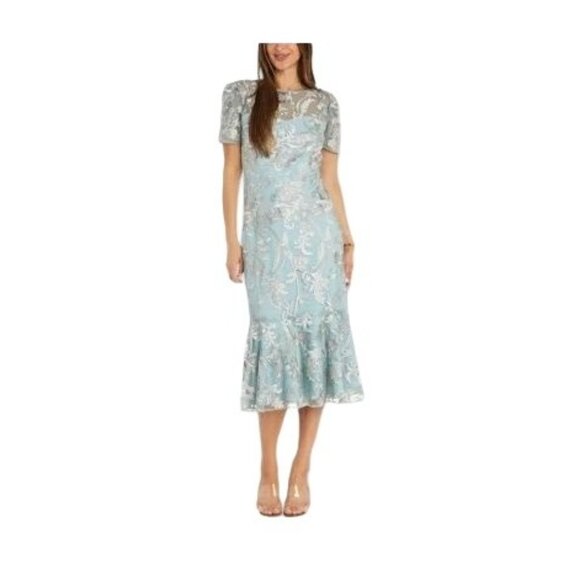R & M Richards Short Sleeve Midi‎ Evening Gown size 6 Slate Light Blue Color - Picture 1 of 11